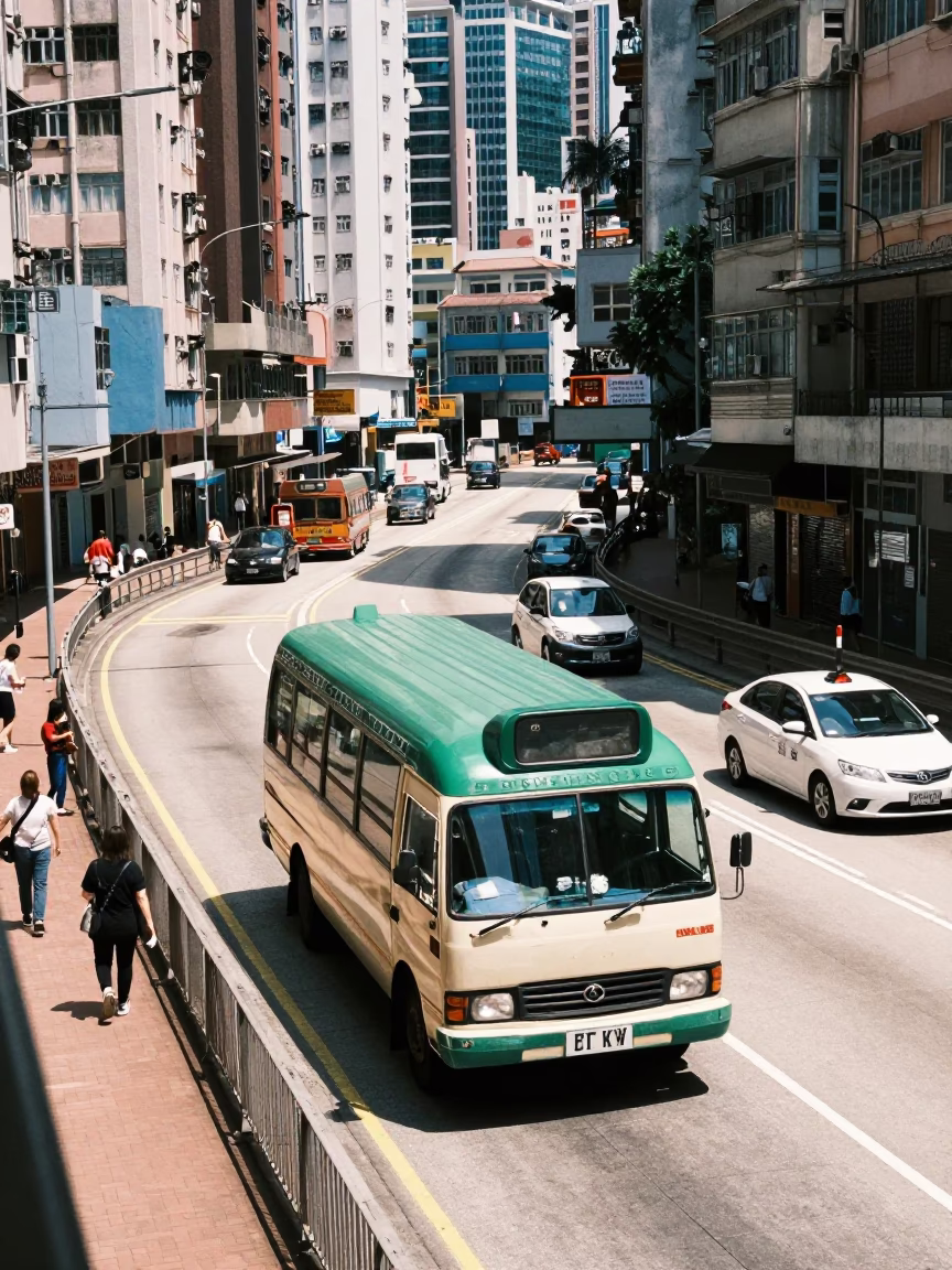 Hong Kong Noon Street Scene with Vintage Bus and District Heating Pipes in in Hong Kong, Hong Kong