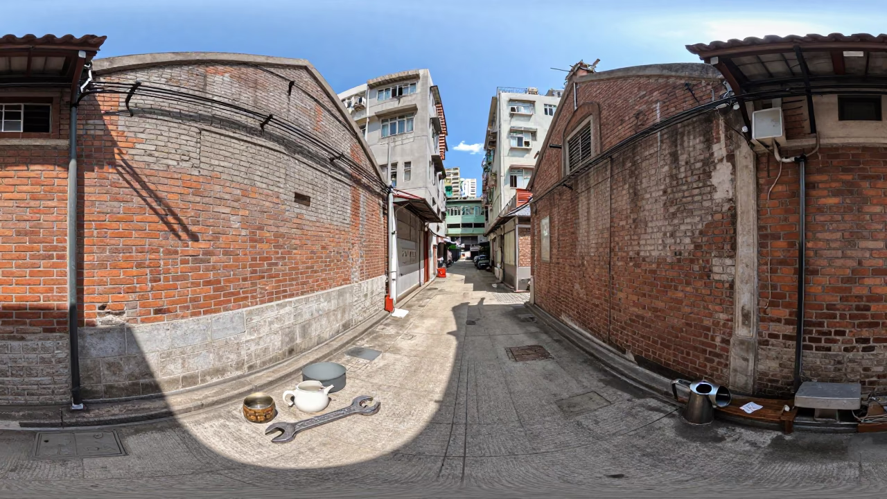 Hong Kong Noon Street Scene with Wrench and Pitcher on Concrete in in Hong Kong, Hong Kong