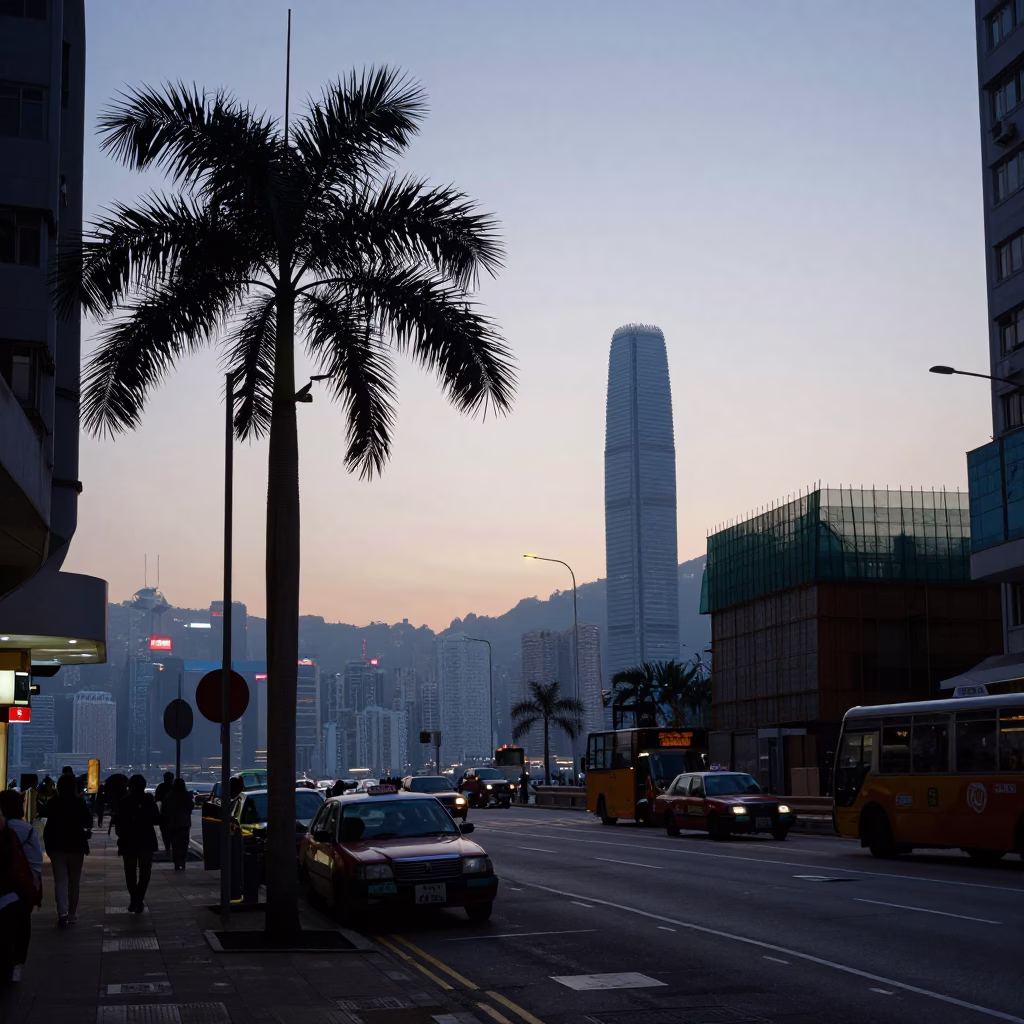 Hong Kong Pre-Dawn Street Scene with Palm Silhouette and Construction Sparks in in Hong Kong, Hong Kong