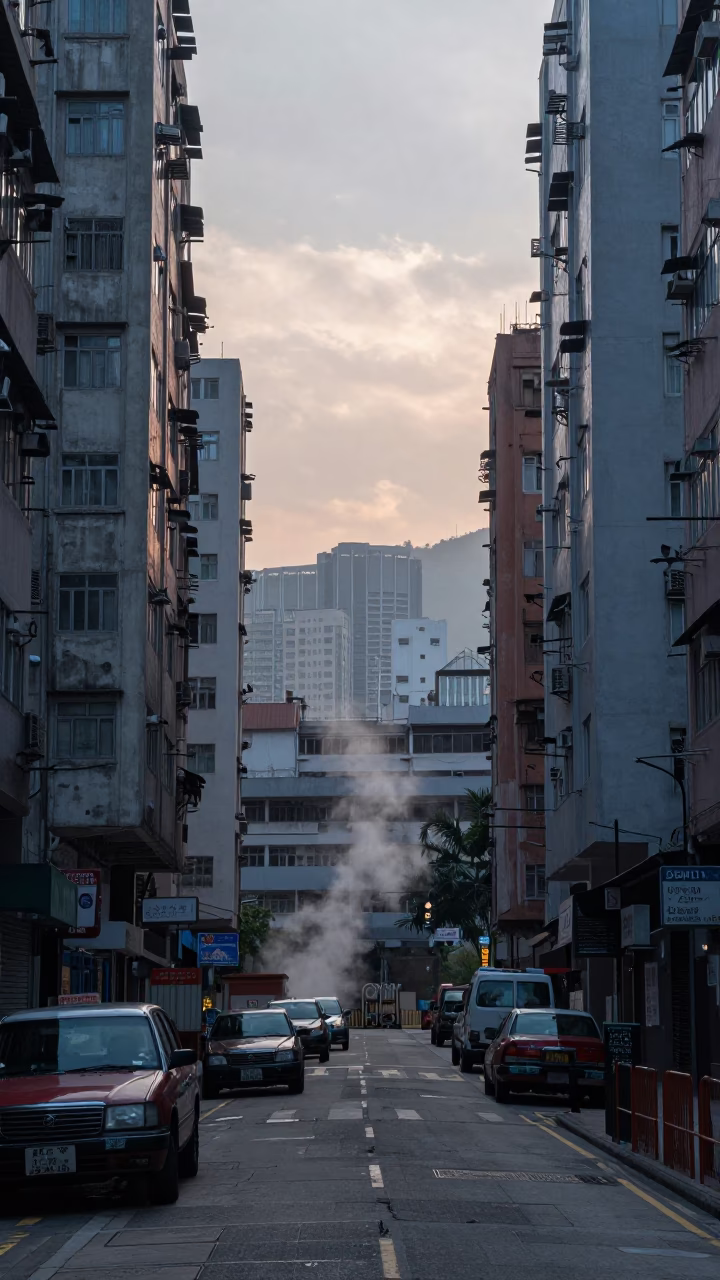 Hong Kong Pre-Dawn Street Scene with Steam and Urban Architecture Before Sunrise in in Hong Kong, Hong Kong