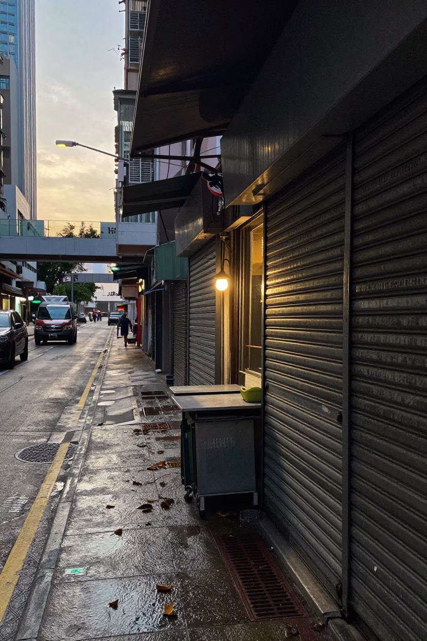 Hong Kong Pre-Dawn Street Scene with Wet Leaves and Glass Bottles in in Hong Kong, Hong Kong