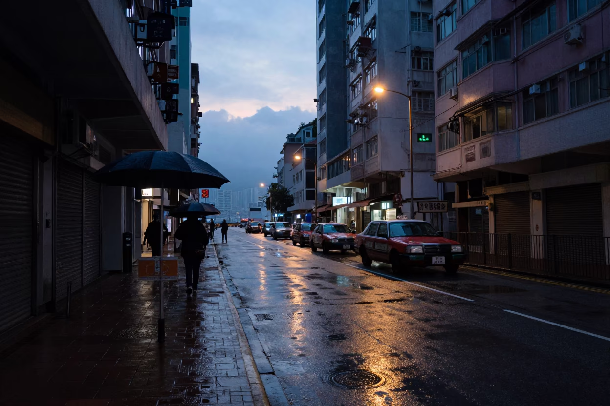 Hong Kong Pre-Dawn Street Scene with Wet Pavement and Umbrellas in in Hong Kong, Hong Kong