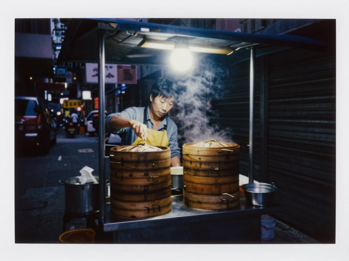 Hong Kong Predawn Street Food Vendor Preparation with Bamboo Steamers and Neon Reflections in in Hong Kong, Hong Kong