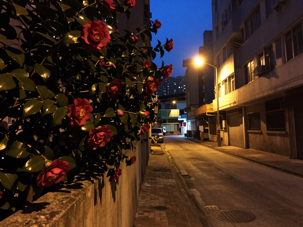 Hong Kong Predawn Street Scene with Camellia and Construction in in Hong Kong, Hong Kong