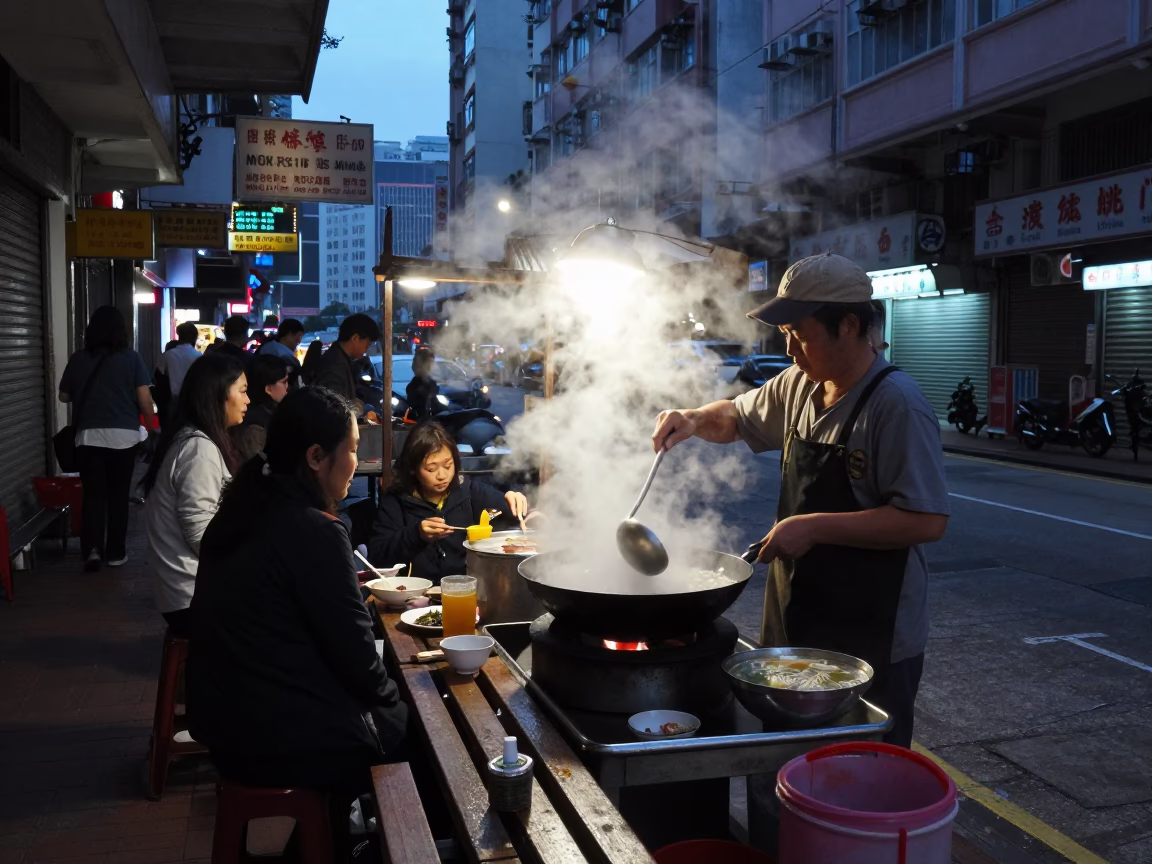Hong Kong Predawn Street Scene with Steam Haze and Pho Tai Bowl in in Hong Kong, Hong Kong