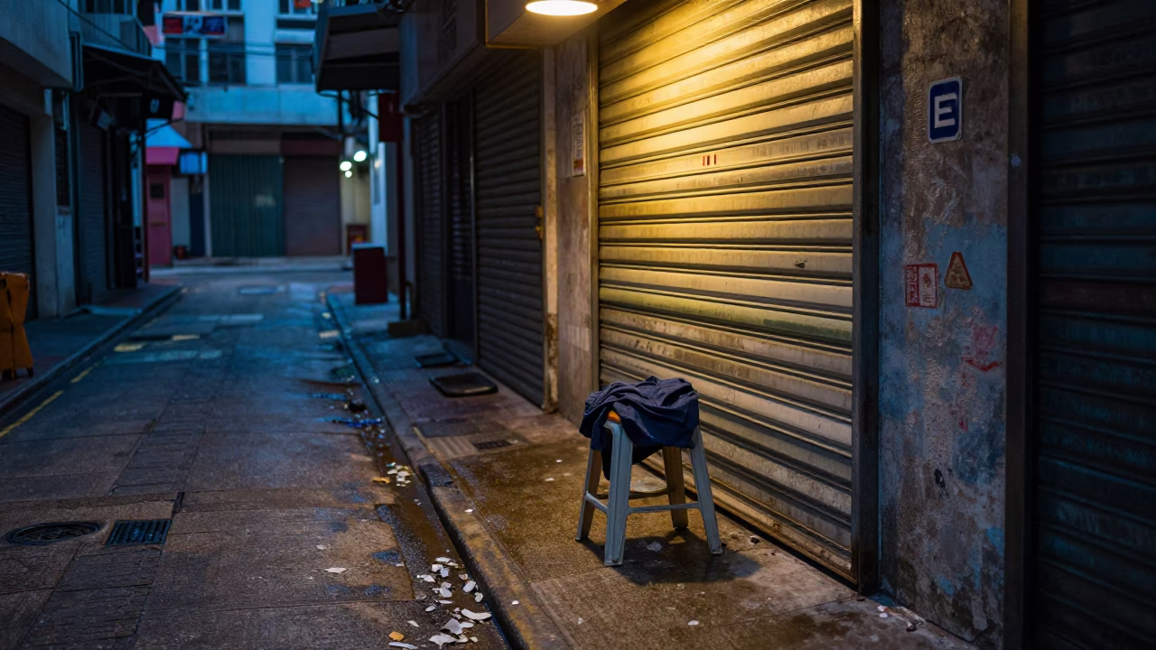 Hong Kong Predawn Street Scene with Work Stool and Shirt Hanger in Urban Alleyway in in Hong Kong, Hong Kong