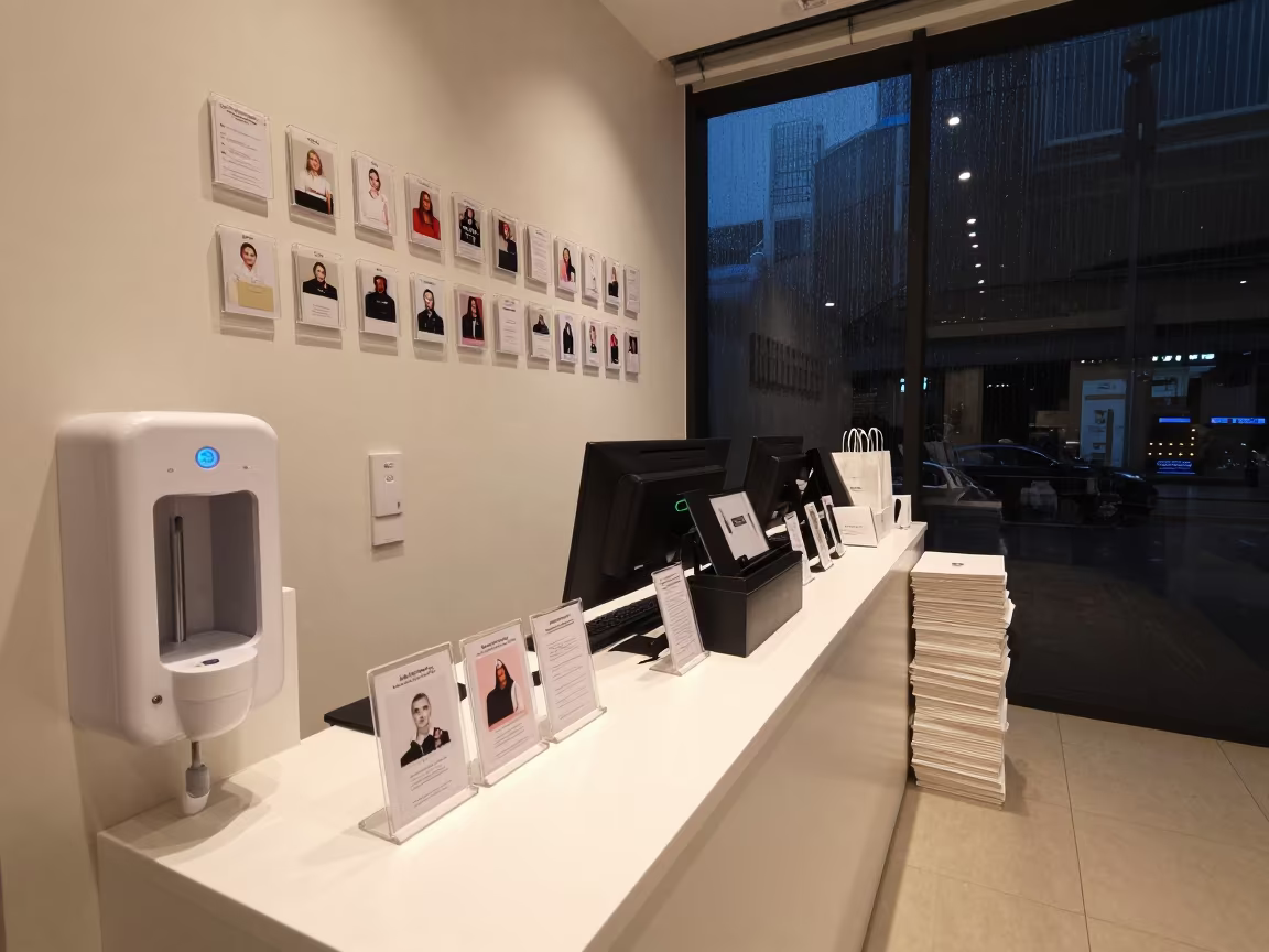 Hong Kong Retail Cosmetics Tester Night in at a cash wrap counter with bags stacked nearby in Hong Kong