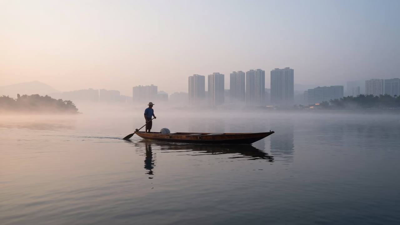 Hong Kong Sampan Boat Drifting on Misty River Before Sunrise in in Hong Kong, Hong Kong