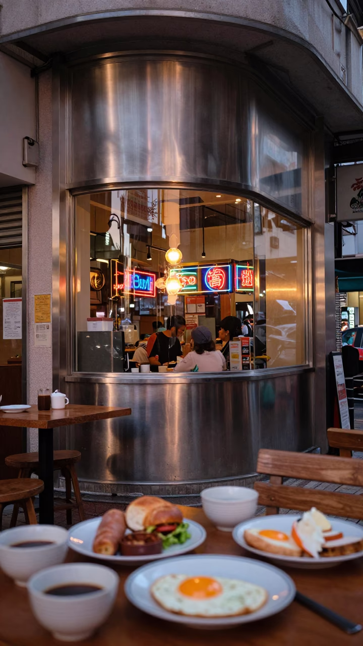 Hong Kong Street Breakfast at Dawn with Ceramic Plates and Brushed Steel Details in in Hong Kong, Hong Kong