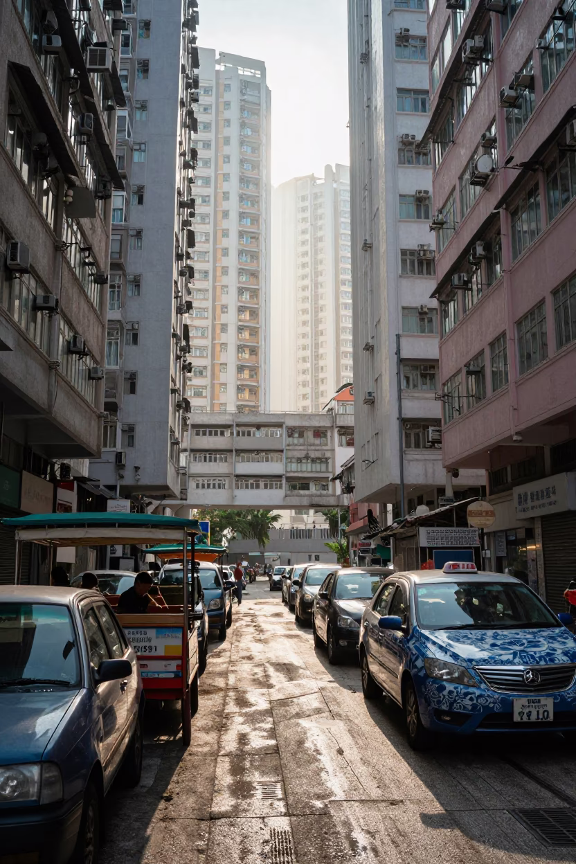Hong Kong street breakfast scene with blue and white porcelain bowl at sunrise in in Hong Kong, Hong Kong