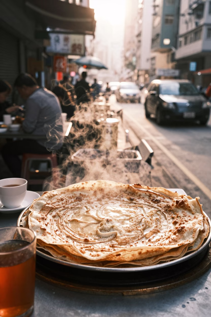 Hong Kong street breakfast scene with jianbing crepe and tea stains just after sunrise in in Hong Kong, Hong Kong