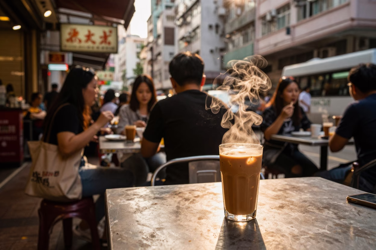 Hong Kong Street Cafe Evening with Vietnamese Coffee and Steam Haze in in Hong Kong, Hong Kong