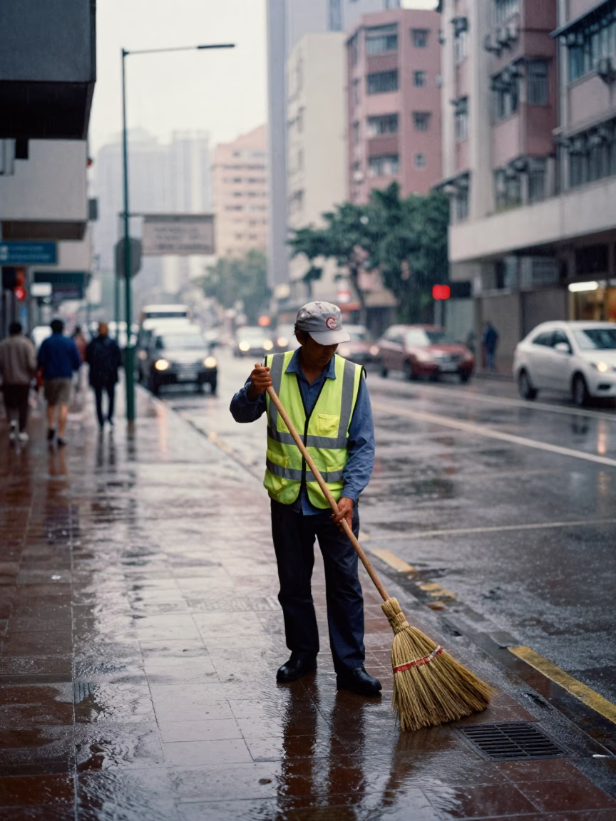 Hong Kong street cleaner with broom after morning rain in in Hong Kong, Hong Kong