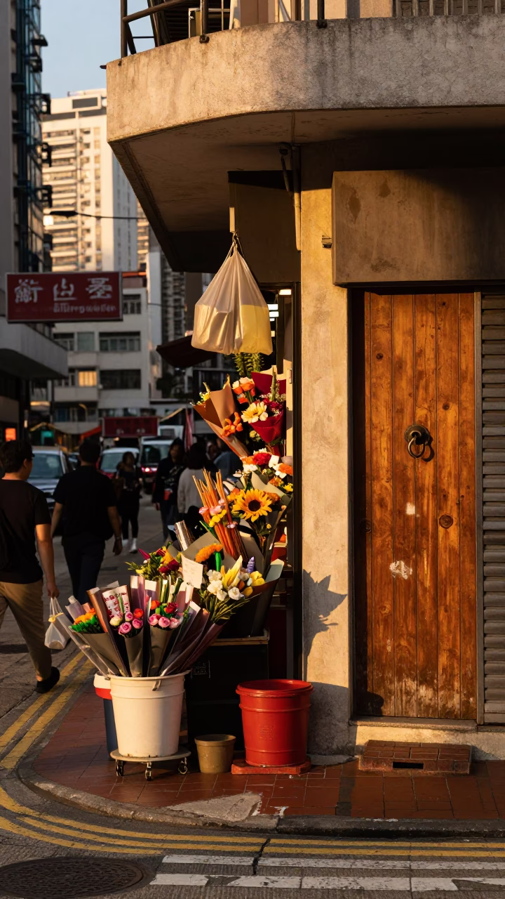Hong Kong Street Corner at Sunset Light in in Hong Kong, Hong Kong