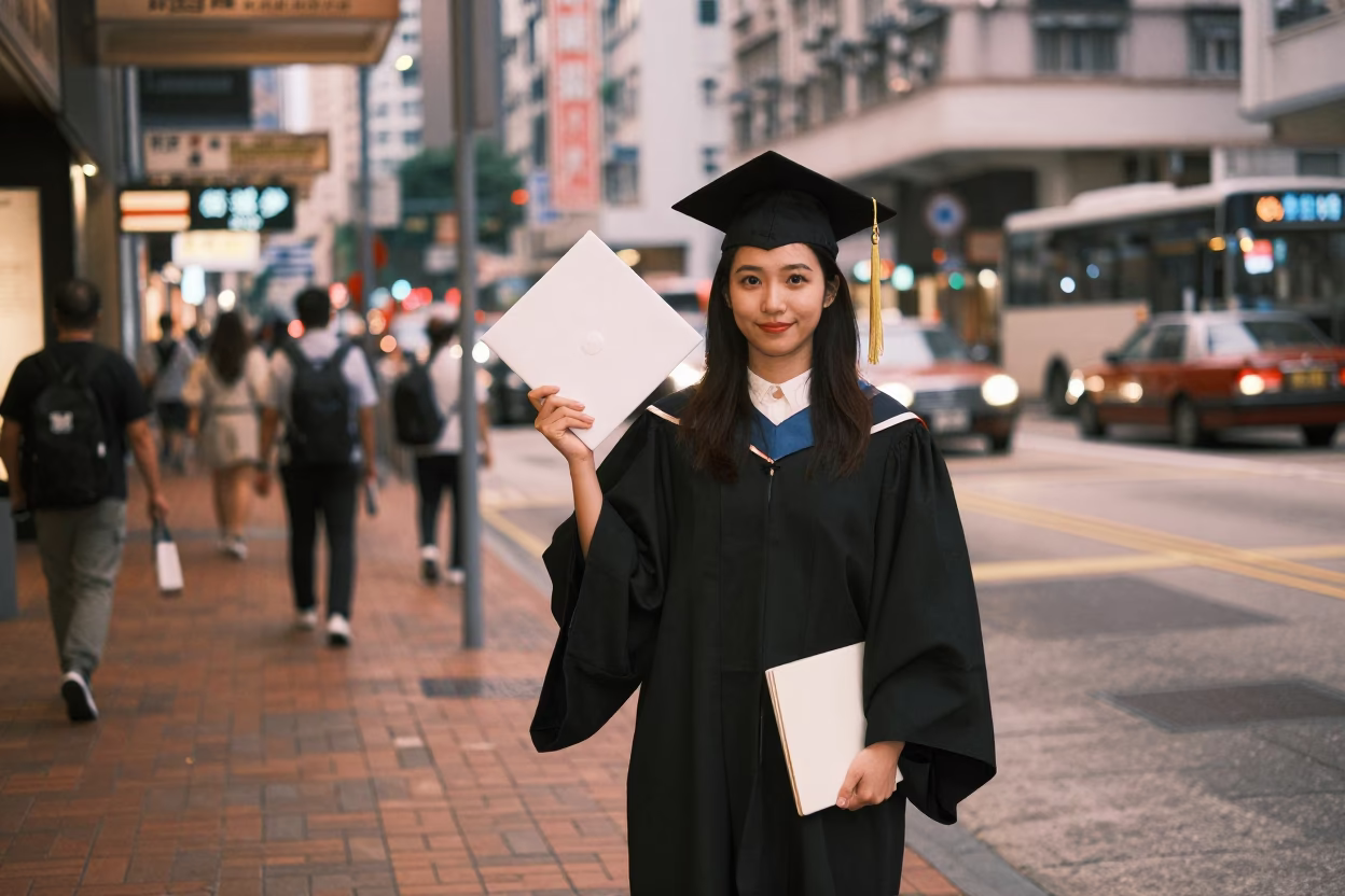 Hong Kong street corner evening scene with graduation cap and notebook in in Hong Kong, Hong Kong