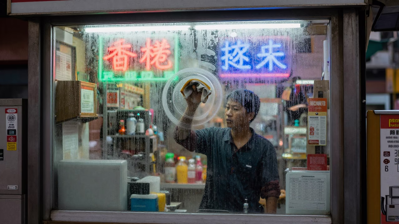 Hong Kong street corner light rain dusk shopkeeper wiping condensation in in Hong Kong, Hong Kong