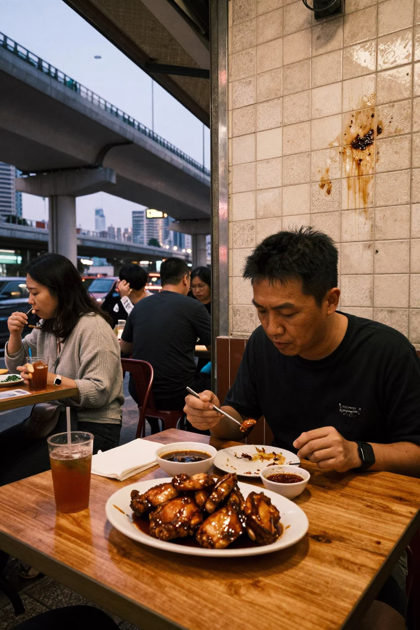 Hong Kong Street Diner Evening Meal with Highway Flyover and Sunset Light in in Hong Kong, Hong Kong