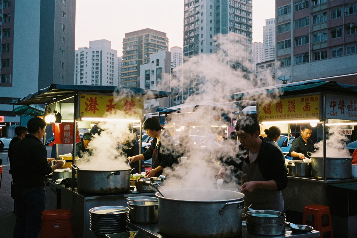 Hong Kong Street Food Stall at Dawn with Steam and Morning Light in in Hong Kong, Hong Kong