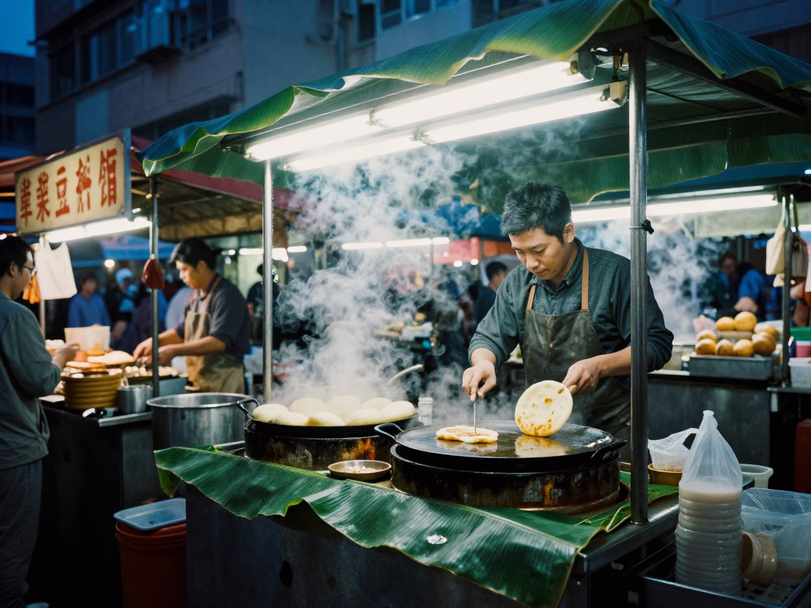 Hong Kong Street Food Stall at Dusk with Banana Leaf and Pupusas in in Hong Kong, Hong Kong