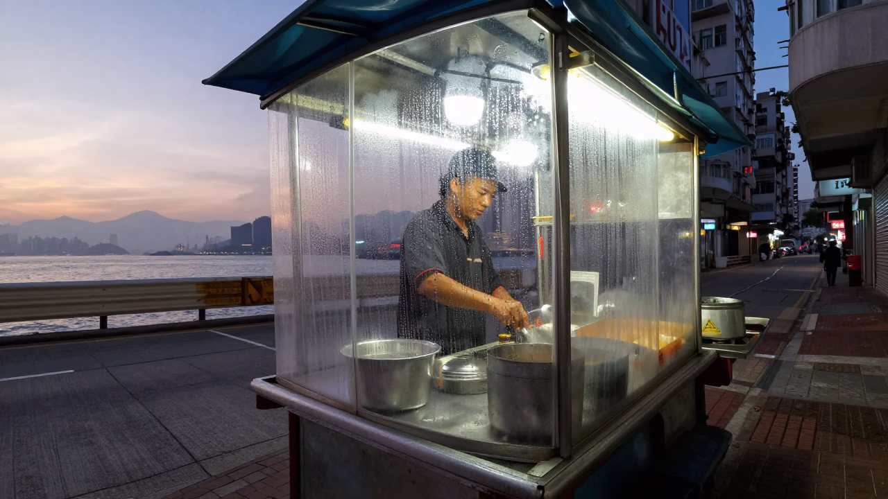Hong Kong Street Food Stall at Nautical Dawn with Condensation on Glass in in Hong Kong, Hong Kong