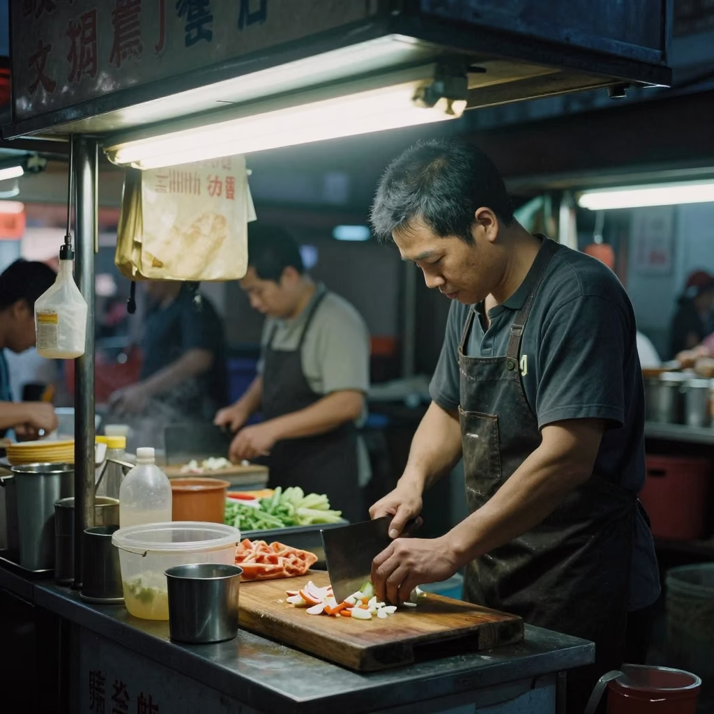 Hong Kong Street Food Stall at Predawn with Cleaver and Cold Chain Logistics Coolers in in Hong Kong, Hong Kong