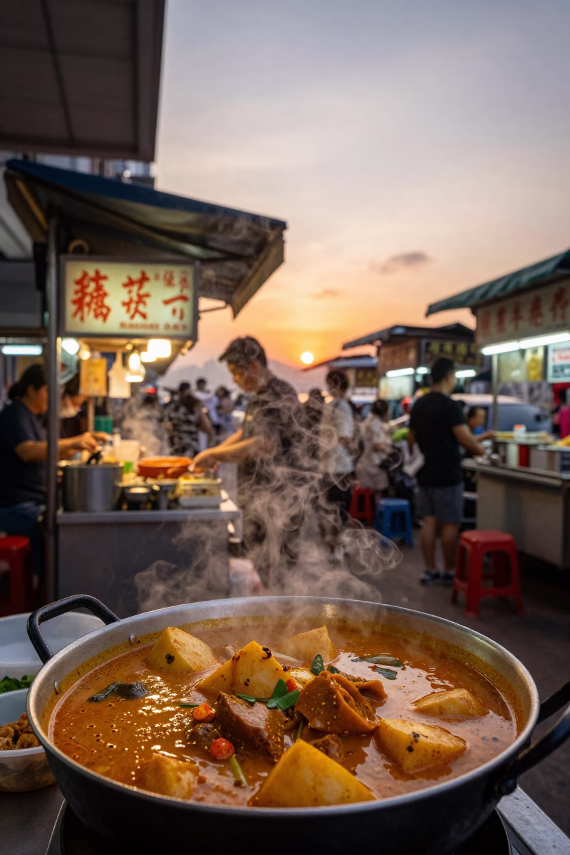 Hong Kong Street Food Stall at Sunset with Massaman Curry and Stroopwafels in in Hong Kong, Hong Kong