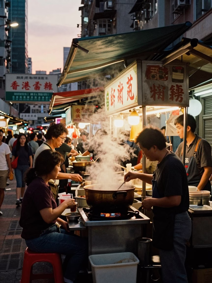 Hong Kong Street Food Stall at Sunset with Steam and Nectarines in in Hong Kong, Hong Kong
