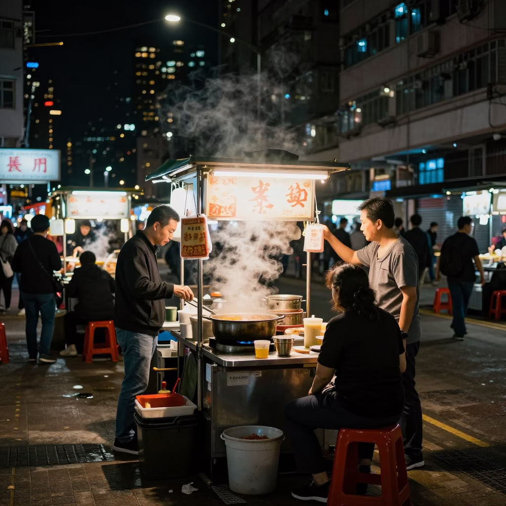 Hong Kong Street Food Stall Evening Glow with Customer and Neon Signs in in Hong Kong, Hong Kong