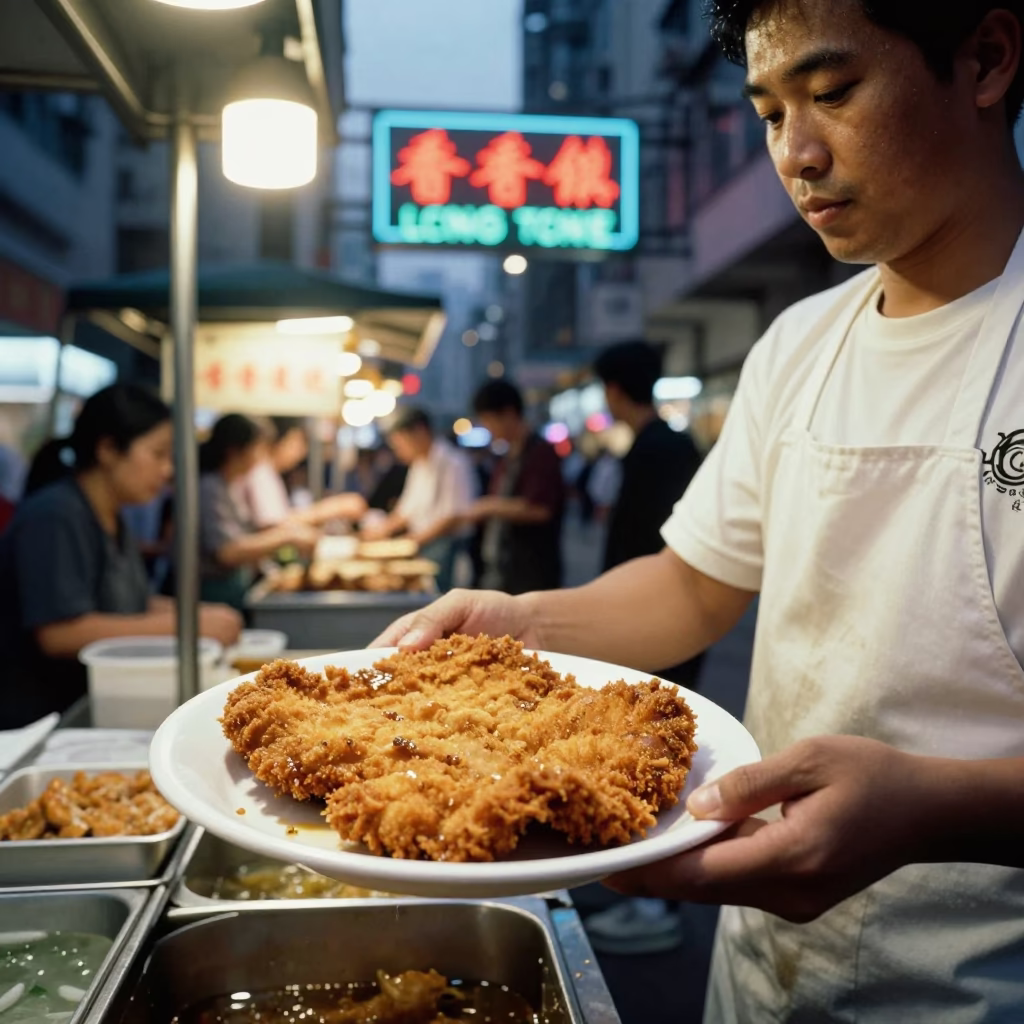 Hong Kong Street Food Stall Evening with Wiener Schnitzel and City Lights in in Hong Kong, Hong Kong