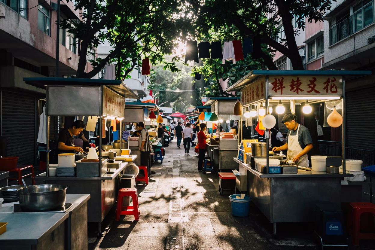Hong Kong Street Food Stall Morning Light with Cleaver and Hummus Platter in in Hong Kong, Hong Kong