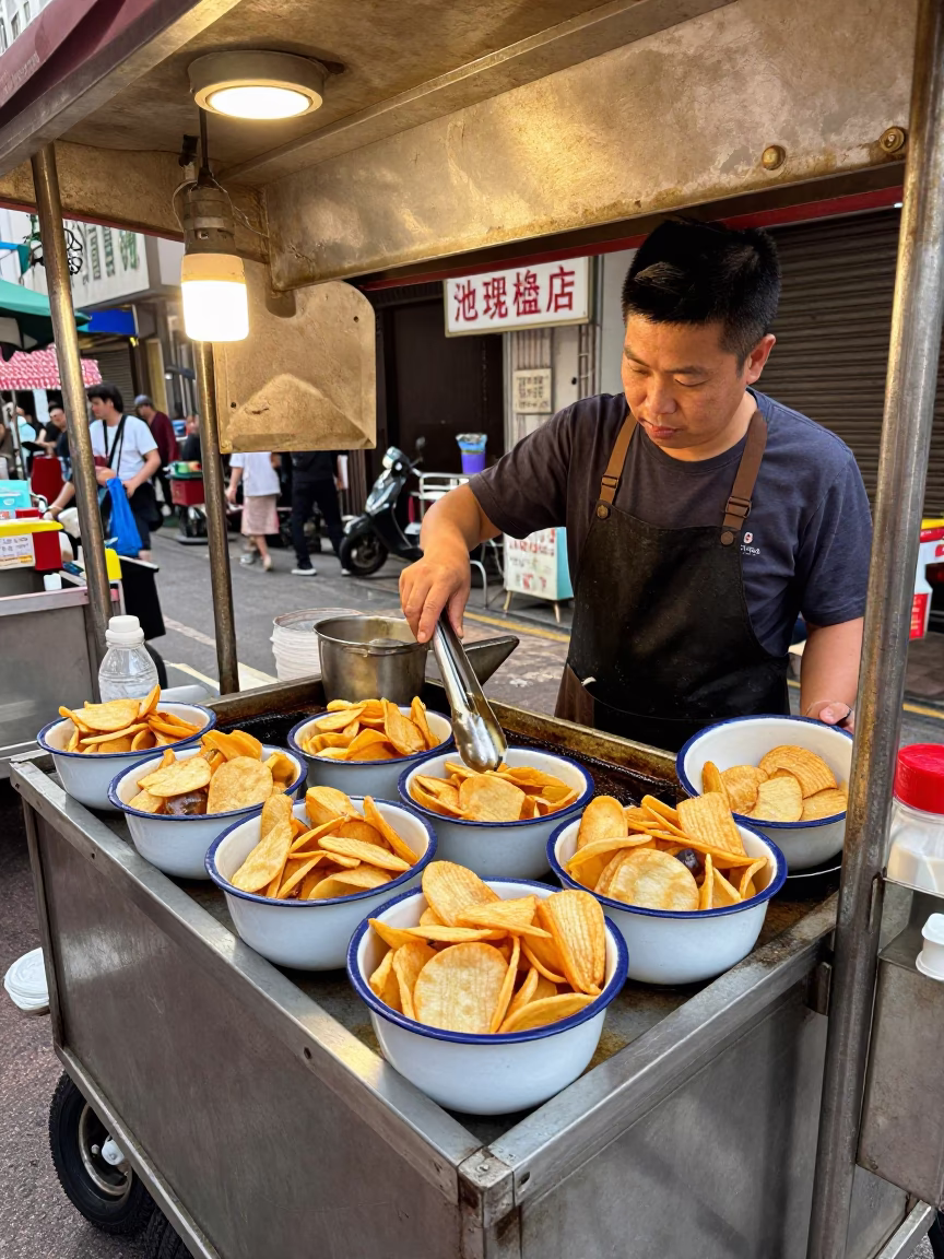 Hong Kong Street Food Stall Noon Light Enamel Bowls Fish and Chips in in Hong Kong, Hong Kong