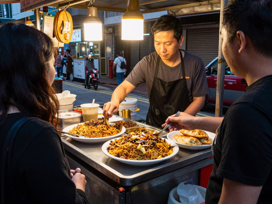 Hong Kong Street Food Stall Serving Koshari and Empanadas in Golden Evening Light in in Hong Kong, Hong Kong