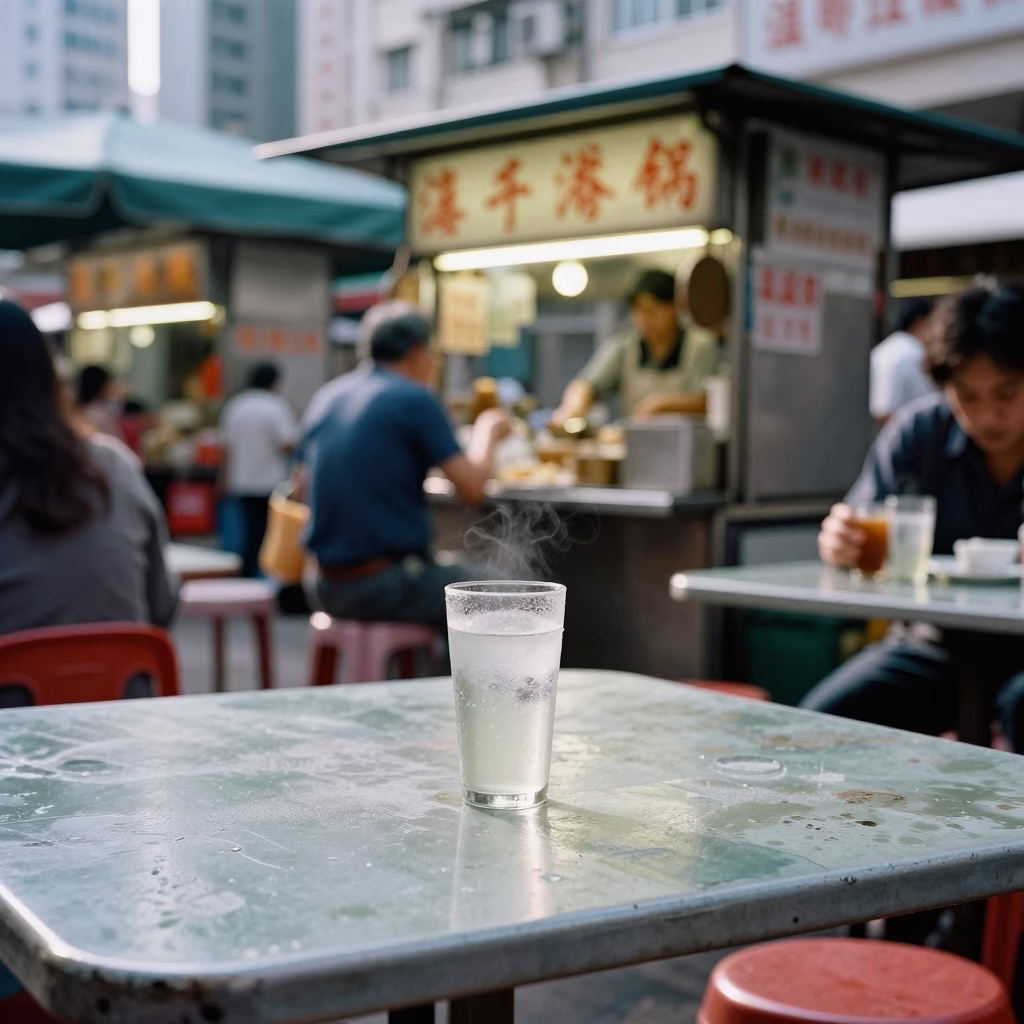 Hong Kong Street Food Stall with Condensation on Table in Bright Midmorning Light in in Hong Kong, Hong Kong