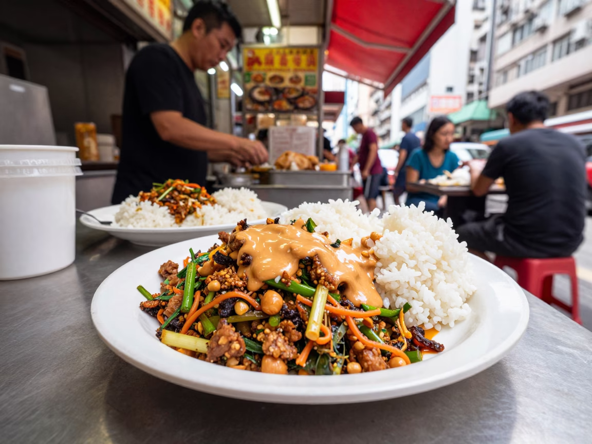 Hong Kong Street Food Stall with Gado-Gado and Rice Paddies Reflection at Midday in in Hong Kong, Hong Kong