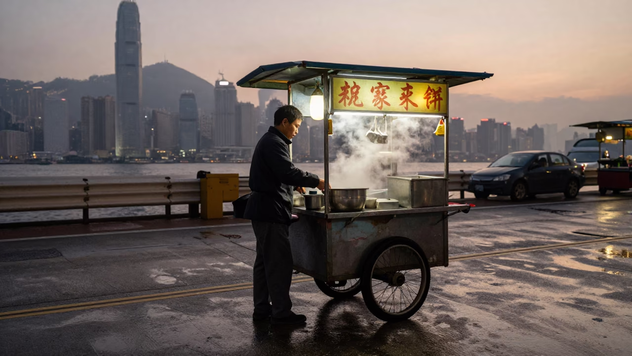 Hong Kong street food vendor preparing morning congee before dawn with bustling city lights in in Hong Kong, Hong Kong