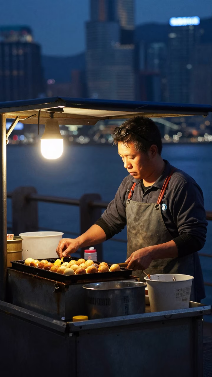 Hong Kong Street Food Vendor Preparing Takoyaki in Predawn Darkness in in Hong Kong, Hong Kong
