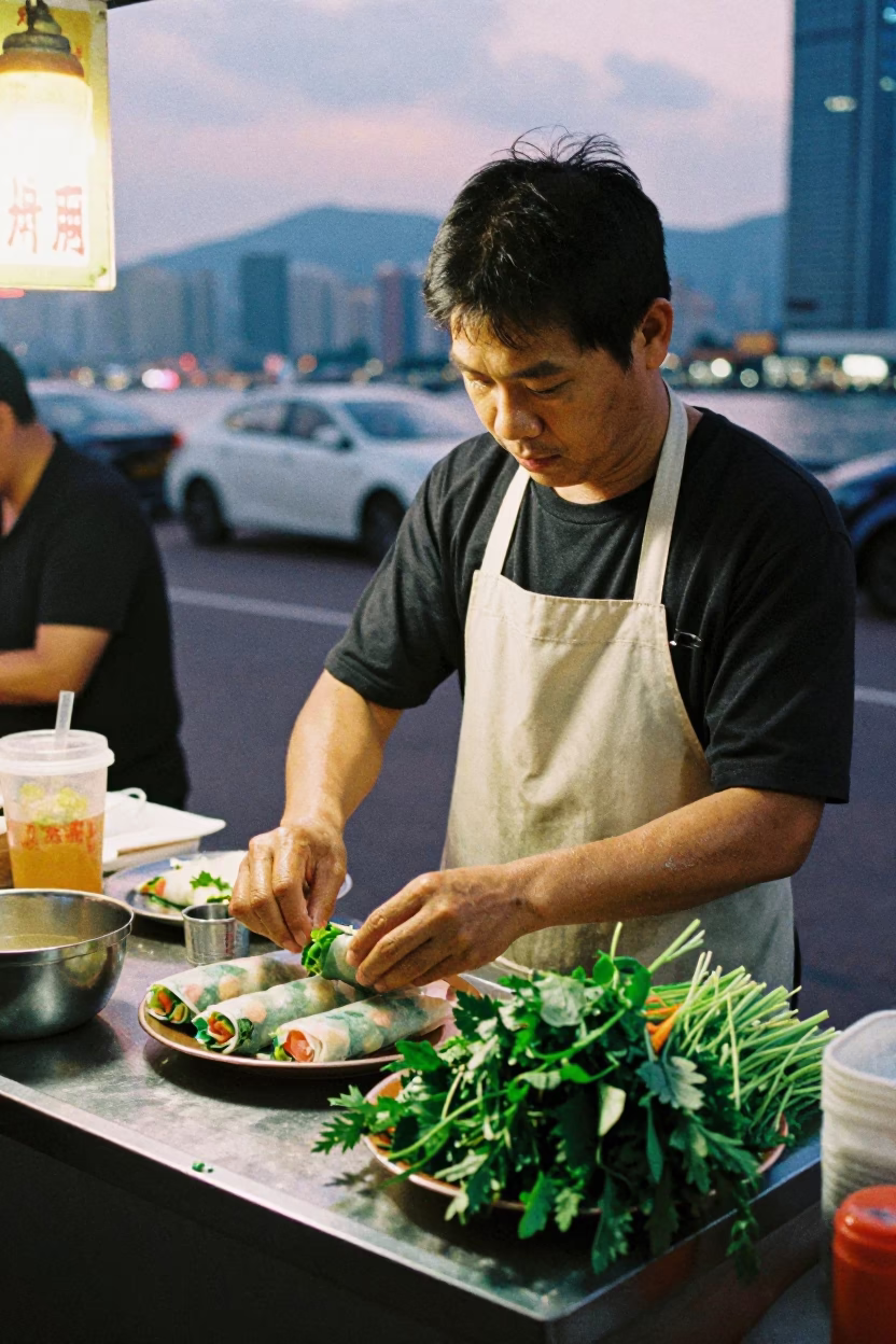 Hong Kong street food vendor preparing Vietnamese spring rolls with fresh herbs before dawn in in Hong Kong, Hong Kong
