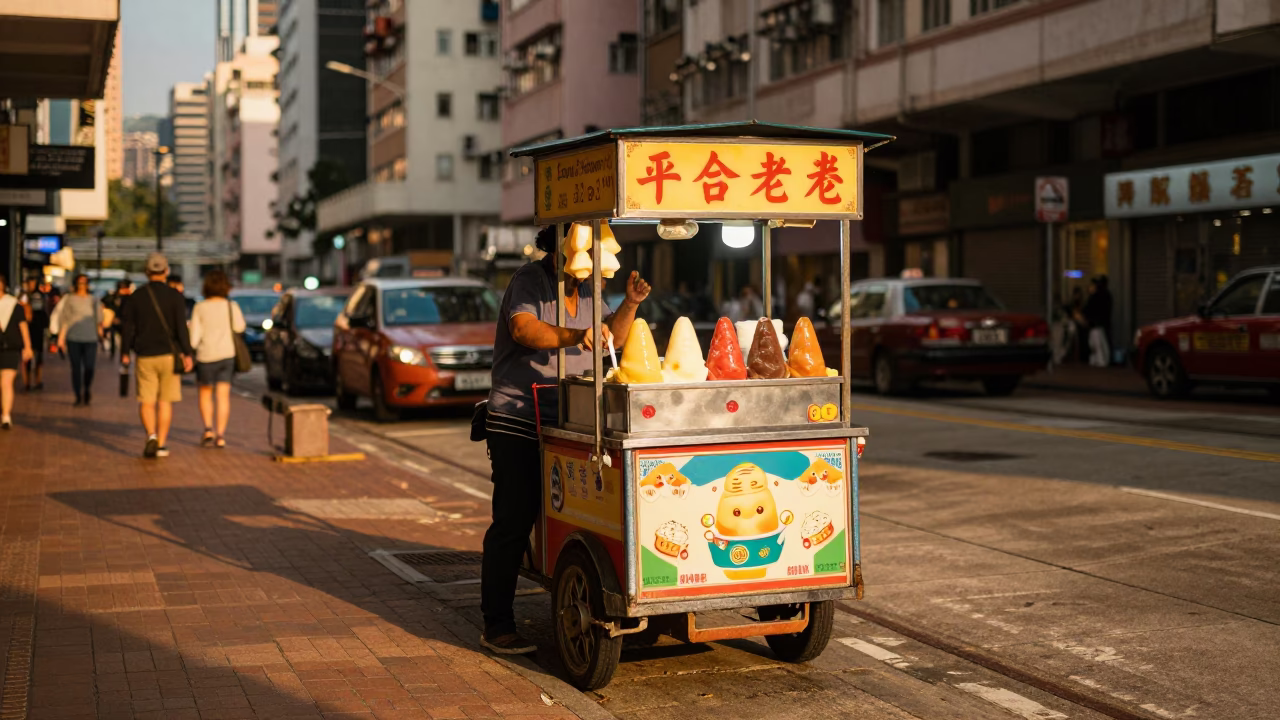 Hong Kong Street Food Vendor Selling Gelato in Honeyed Evening Light in in Hong Kong, Hong Kong