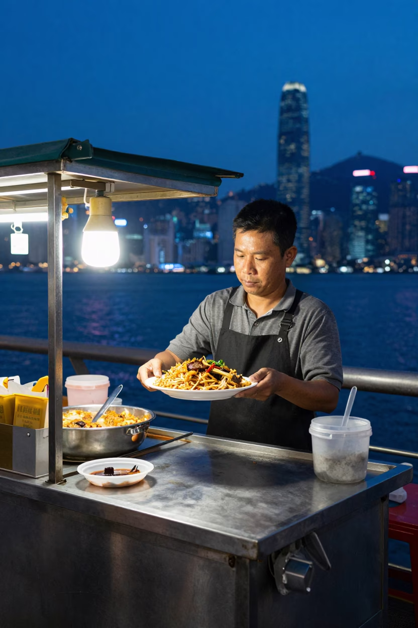 Hong Kong Street Food Vendor Selling Koshari During Indigo Twilight After Sunset in in Hong Kong, Hong Kong