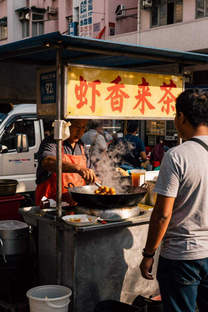 Hong Kong Street Food Vendor Serving Accra Fritters in Late Afternoon Sunlight in in Hong Kong, Hong Kong