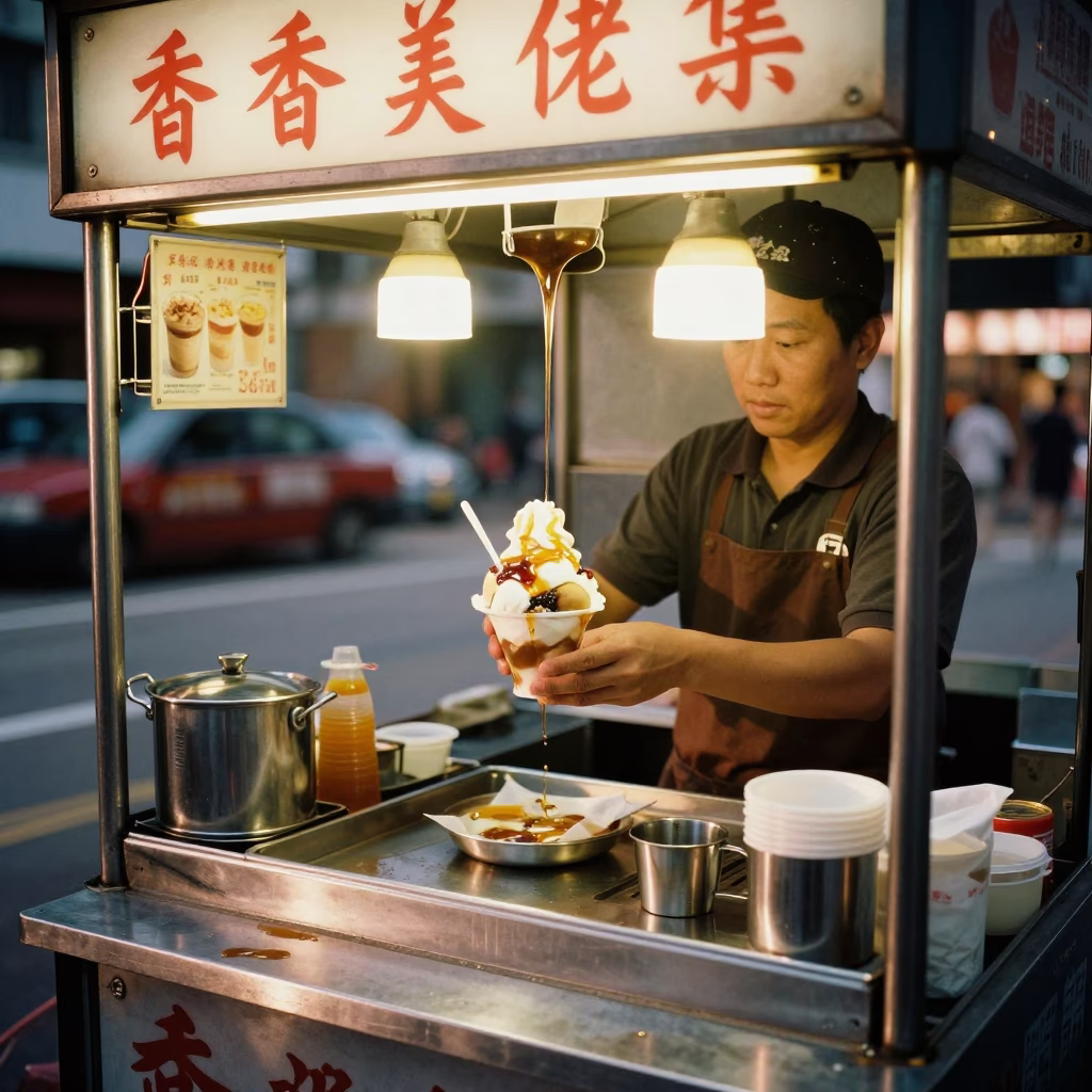 Hong Kong street food vendor serving affogato dessert in honeyed evening light in in Hong Kong, Hong Kong