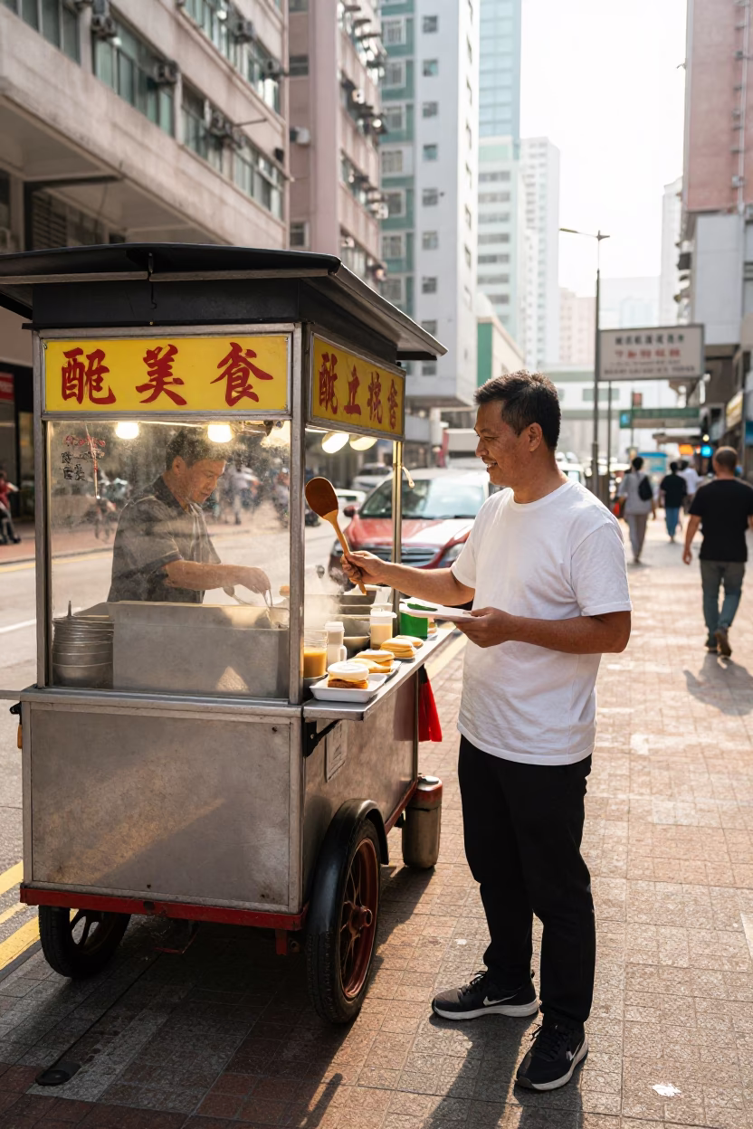 Hong Kong street food vendor serving breakfast near MTR station after sunrise in in Hong Kong, Hong Kong