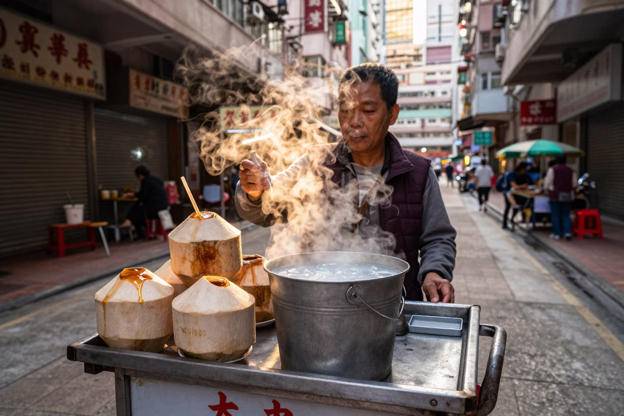 Hong Kong street food vendor serving coconut water in honeyed evening light in in Hong Kong, Hong Kong