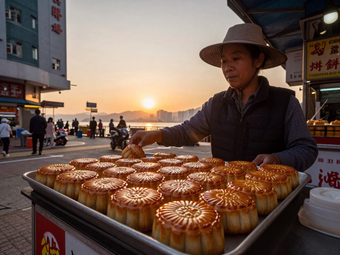 Hong Kong Street Food Vendor Serving Mooncakes at Sunset with Traditional Tea in in Hong Kong, Hong Kong