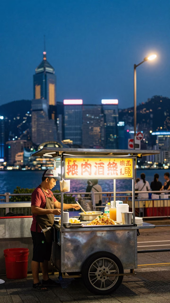 Hong Kong Street Food Vendor Serving Pad Thai Under Blue Hour Streetlights in in Hong Kong, Hong Kong