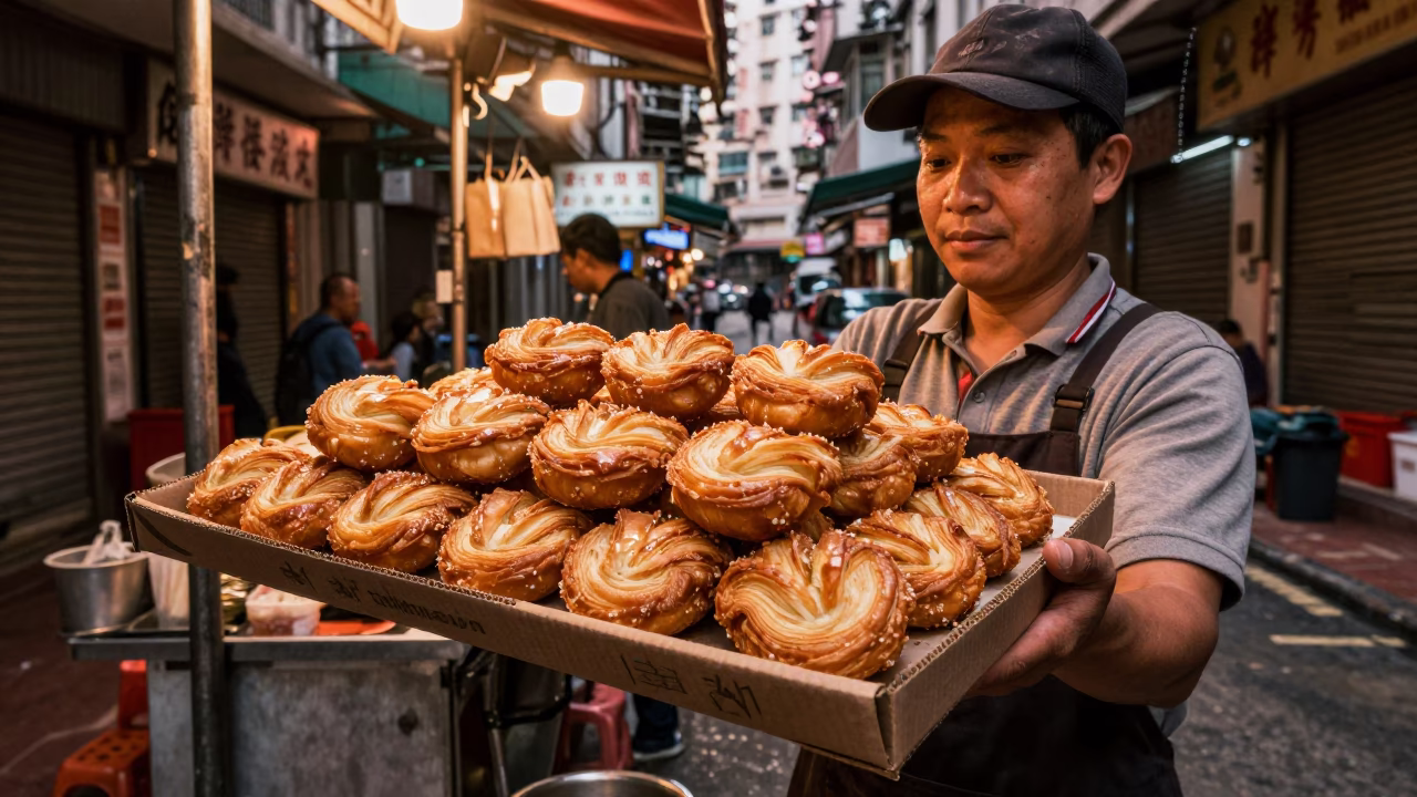 Hong Kong Street Food Vendor Serving Palmiers in Copper Toned Dusk Light in in Hong Kong, Hong Kong
