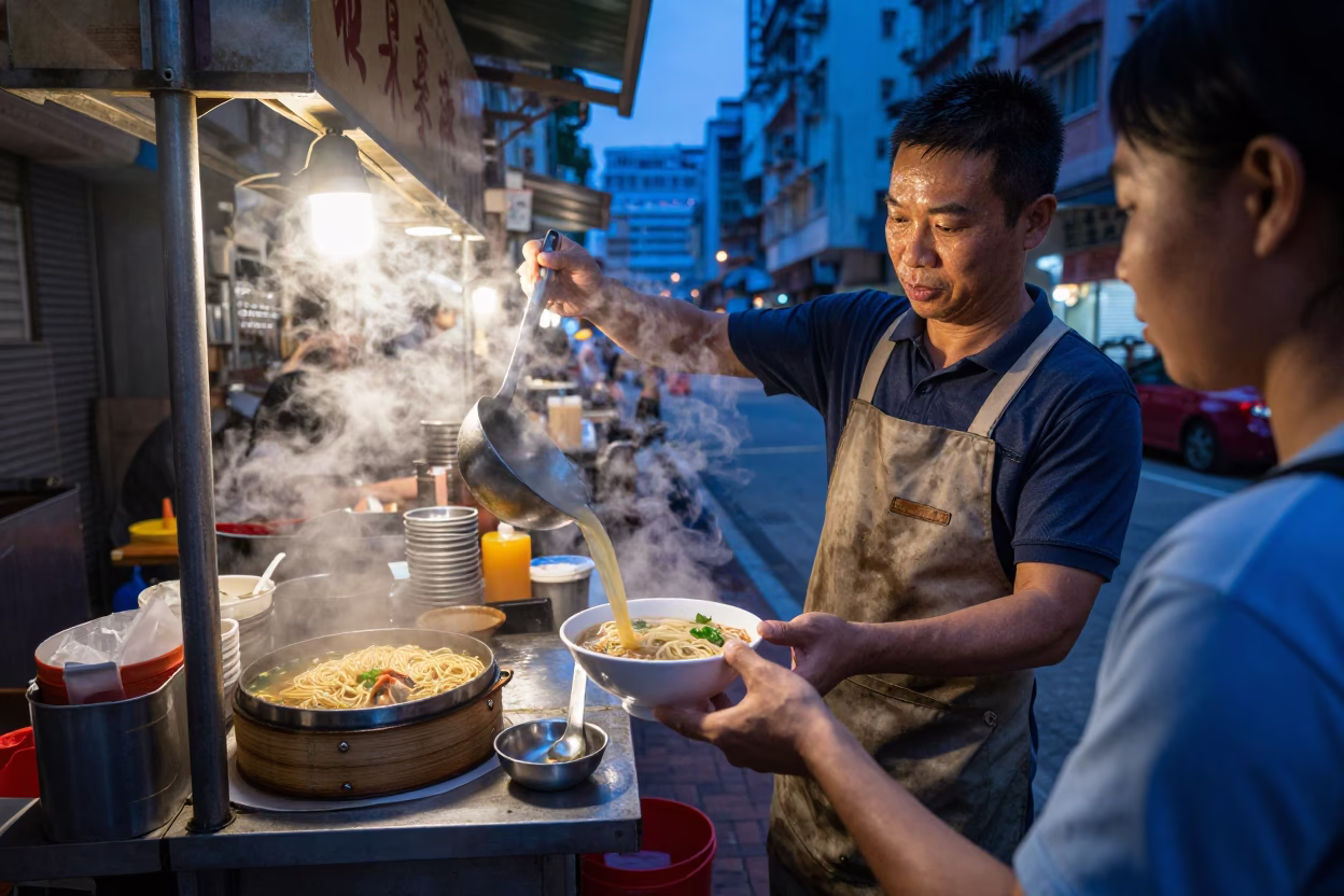 Hong Kong street food vendor serving steaming noodle soup in indigo twilight in in Hong Kong, Hong Kong
