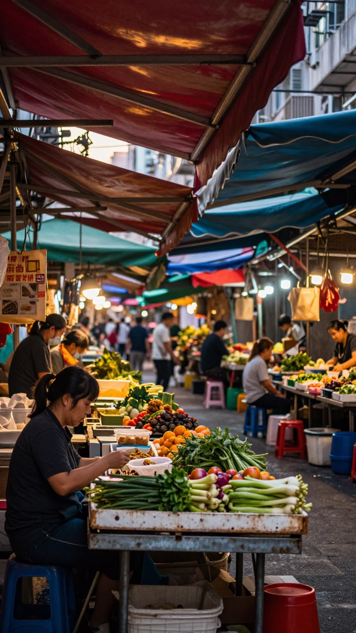 Hong Kong Street Market at Nautical Dawn with Tea Stains and Glass Hinges in in Hong Kong, Hong Kong