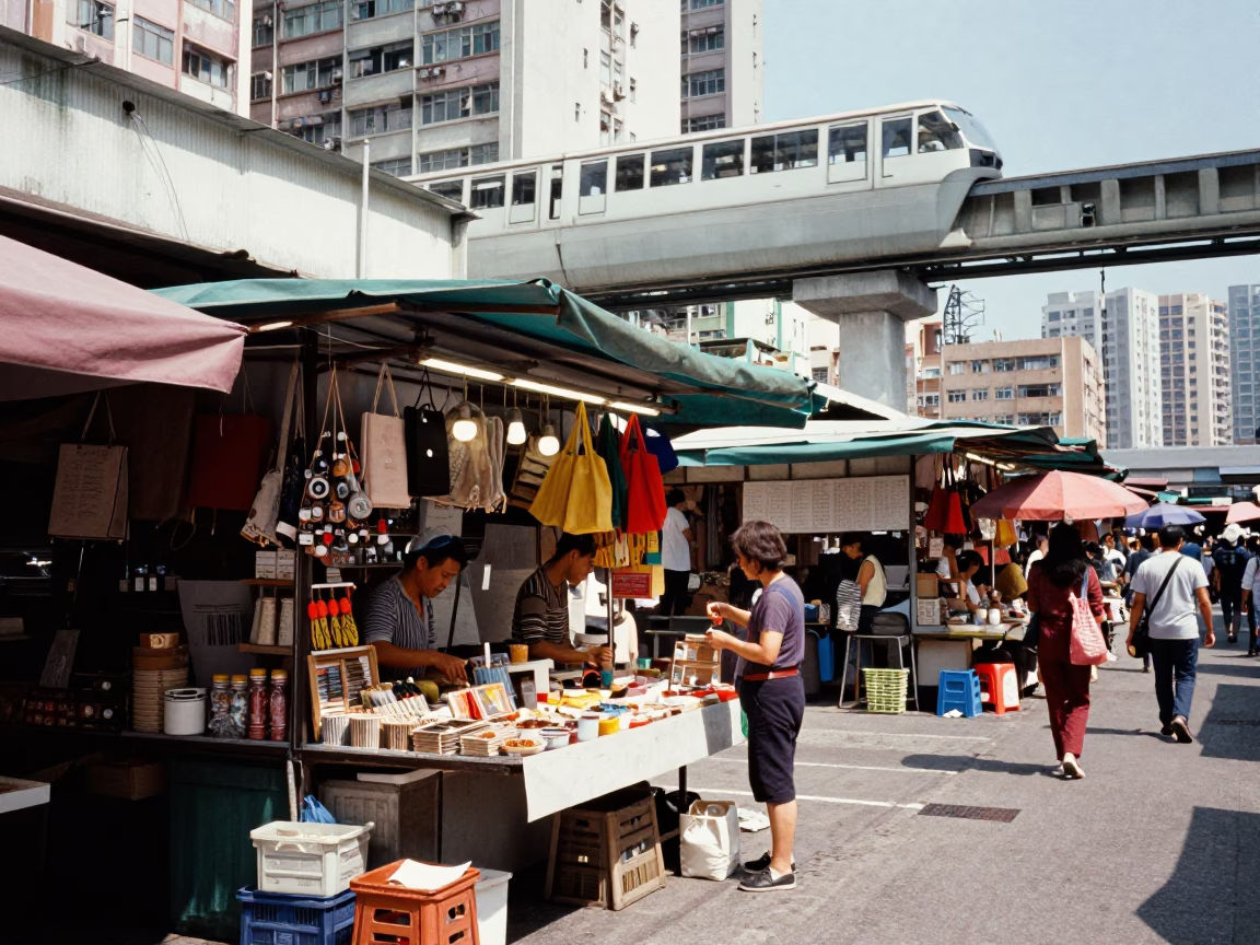 Hong Kong Street Market Stall Under Harsh Noon Sun with Monorail and Morning Glory in in Hong Kong, Hong Kong