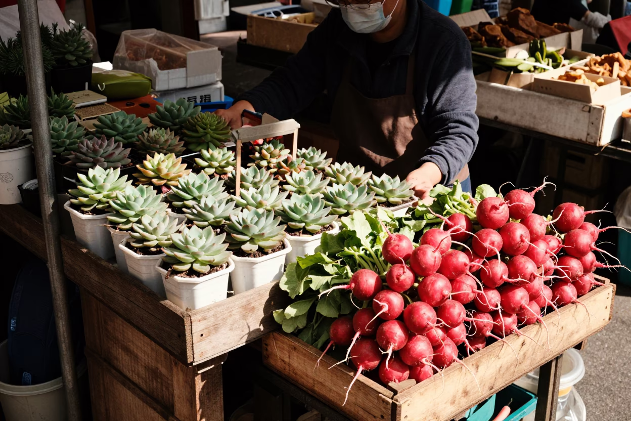 Hong Kong Street Market Stall with Potted Succulents and Radishes in Early Afternoon Light in in Hong Kong, Hong Kong